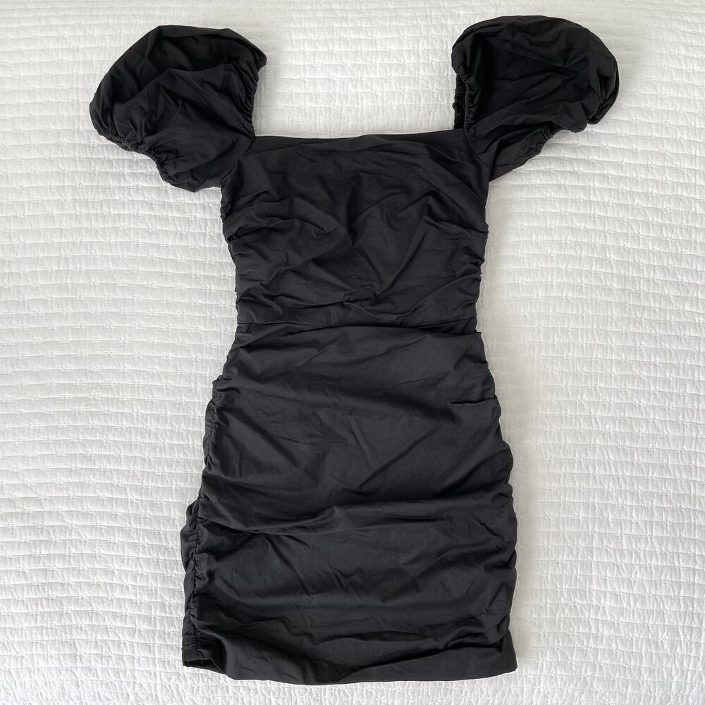 Choosy Mia Short Puff Sleeve Ruched Square Neck Mini Dress in Black Size 0